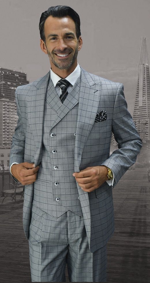 Statement Men's 3pc Wool Outlet Suit -  Thin Windowpane Design