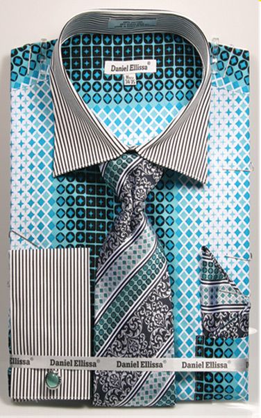 Daniel Ellissa Men's French Cuff Shirt Set - Varied Bold Pattern