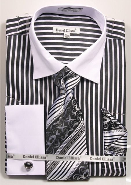 Daniel Ellissa Men's French Cuff Shirt Set - Two Tone Stripe