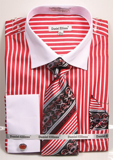 Daniel Ellissa Men's Outlet French Cuff Shirt Set - Two Tone Stripe