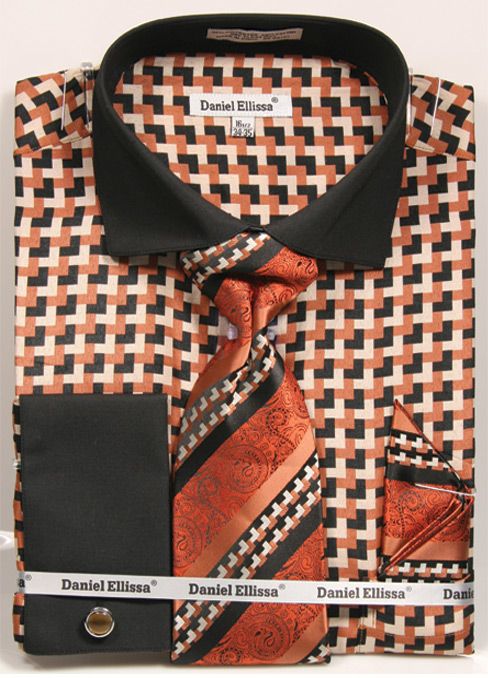 Daniel Ellissa Men's French Cuff Shirt Set - Large Geometric