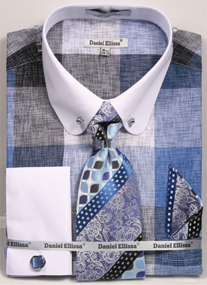 Daniel Ellissa Men's Outlet French Cuff Shirt Set - Tiles w/ Collar Bar