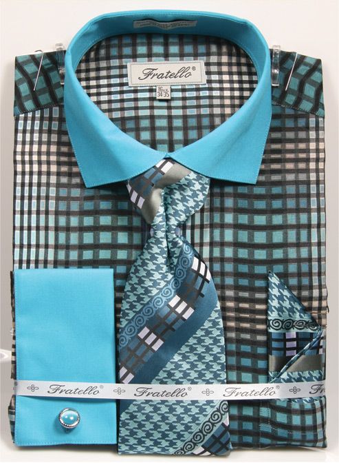Fratello Men's French Cuff Dress Shirt Set - Geometric Checker