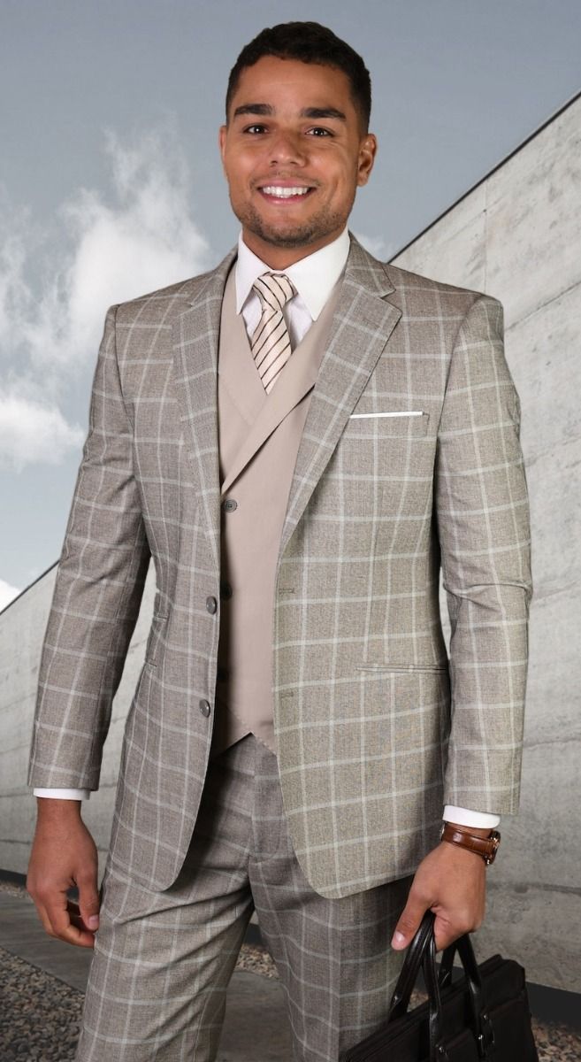 Statement Men's 3 Piece 100% Wool Fashion Suit - Soft Windowpane Plaid