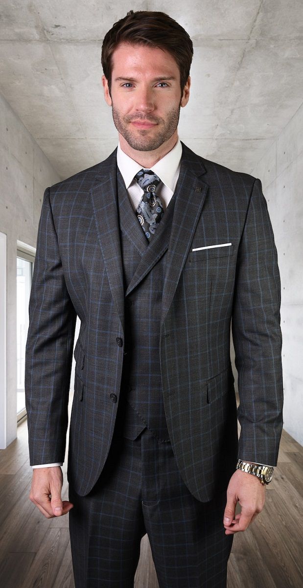 Statement Men's Outlet 3 Piece Wool Fashion Suit - Subtle Checker