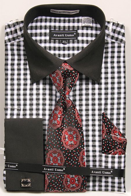 Avanti Uomo Men's French Cuff Dress Shirt Set - Striped Checker