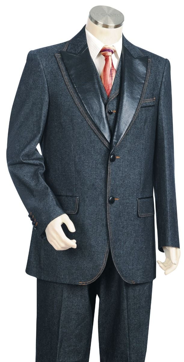 Canto Men's Outlet 3 Piece Denim Suit - Leather Collar