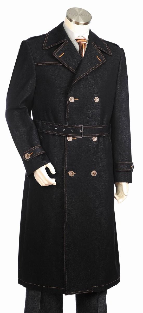 Canto Men's Outlet Denim Coat - Belted Full Length 6 Button Coat