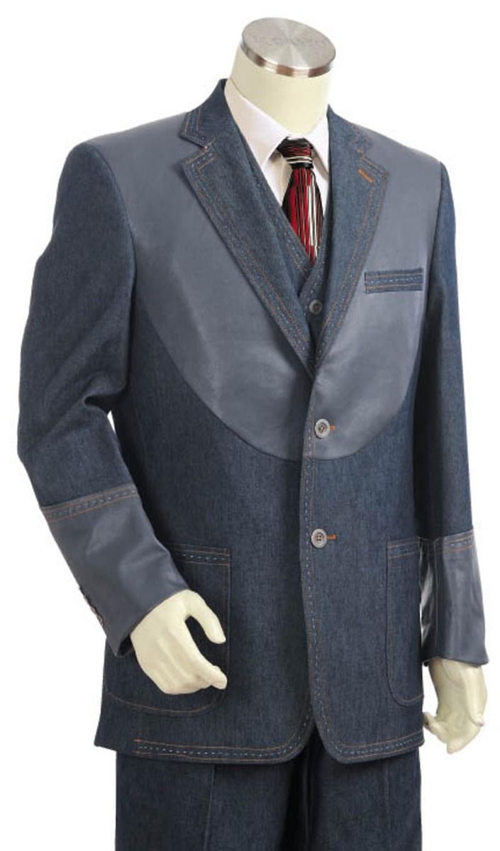 Canto Men's 3 Piece Denim Outlet Suit - Leather Trim