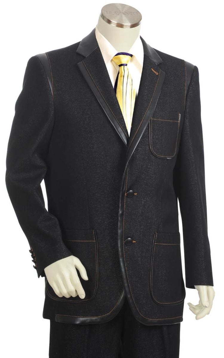 Canto Men's Outlet 2 Piece Denim Suit - Urban Style Leather Trim
