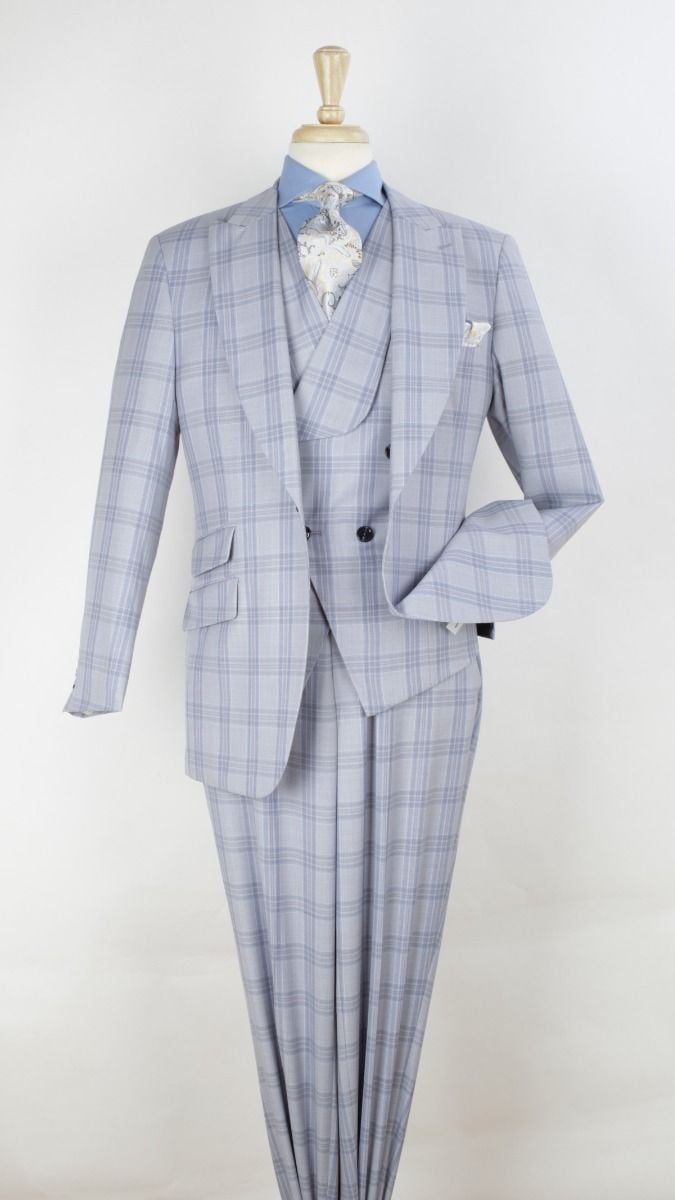 EJ Mens Blue/Green Plaid 3 Piece Suit Double Breasted Vest Tailor Fit M2789
