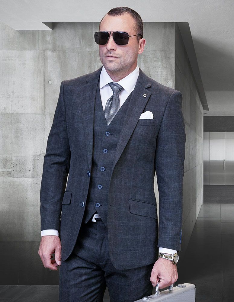 Statement Men's Outlet 3 Piece 100% Wool Fashion Suit - Modern Fit Plaid