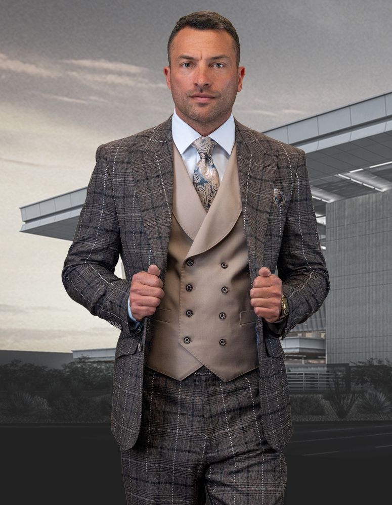 Statement Men's Outlet 100% Wool 3 Piece Suit - Textured Plaid