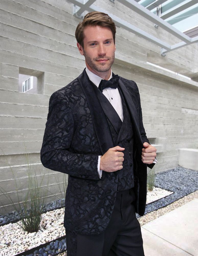 Men's 3 Piece Blue-Tuxedo Black Satin Lapel