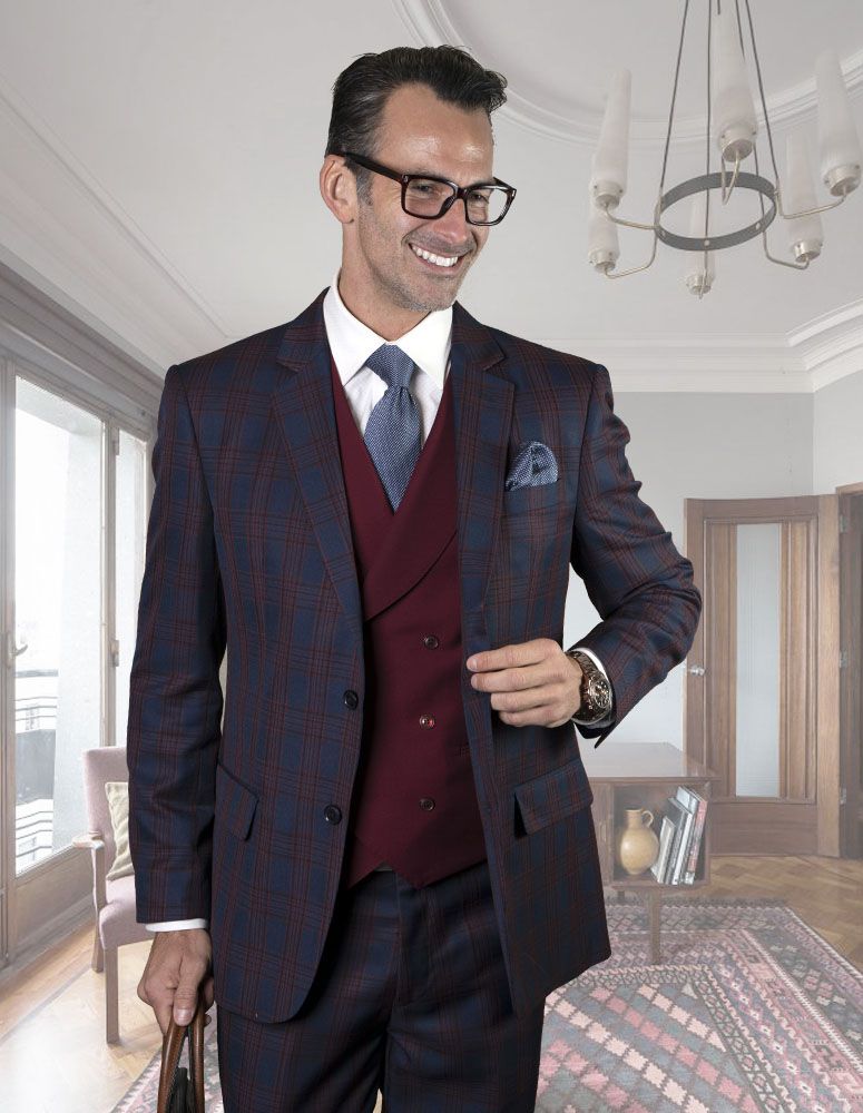 Statement Men's 3 Piece 100% Wool Suit - Two Tone Windowpane
