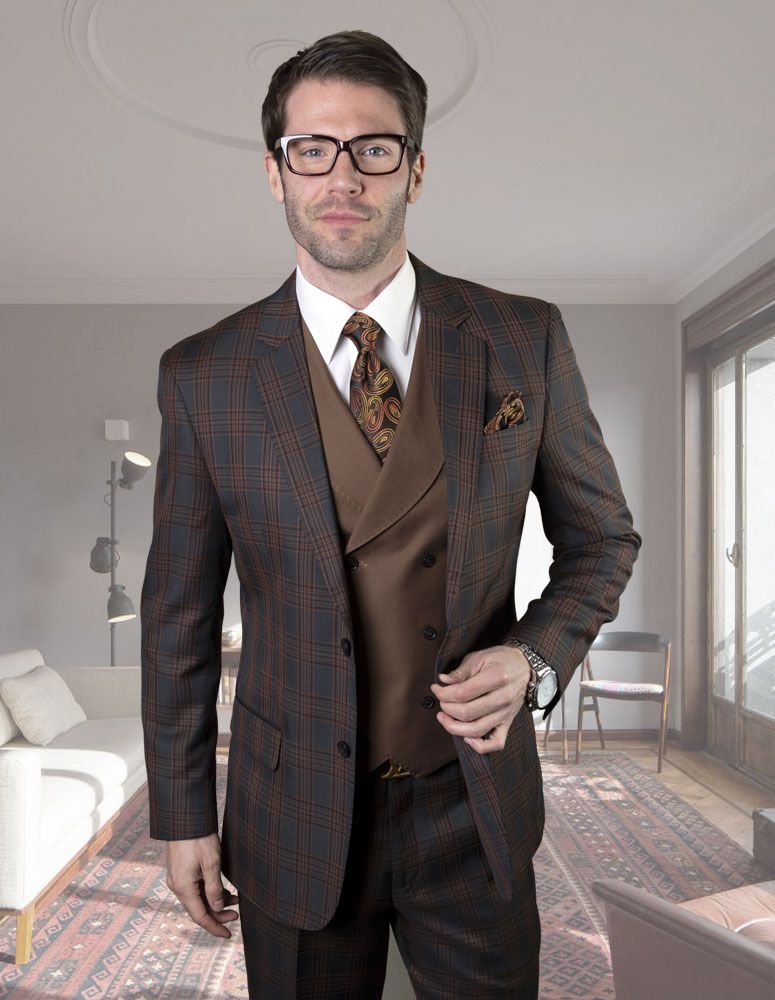 Statement Men's Outlet 2 Piece 100% Wool Jacket and Vest Set - Two Tone Windowpane