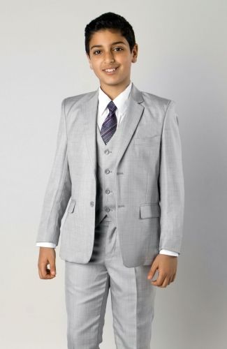 Tazio Boy's 5 Piece Outlet Suit in Solid Colors - Vested w/Shirt and Tie-Light Grey-7