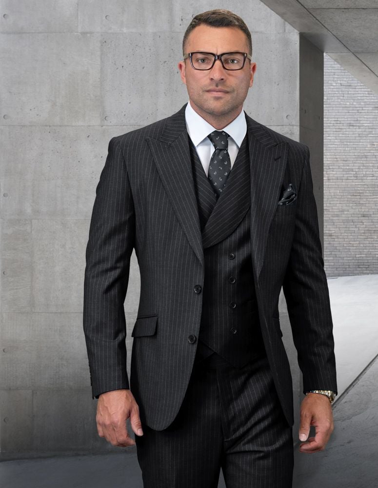Statement Men's 100% Wool 3 Piece Suit - Thin Pinstripe