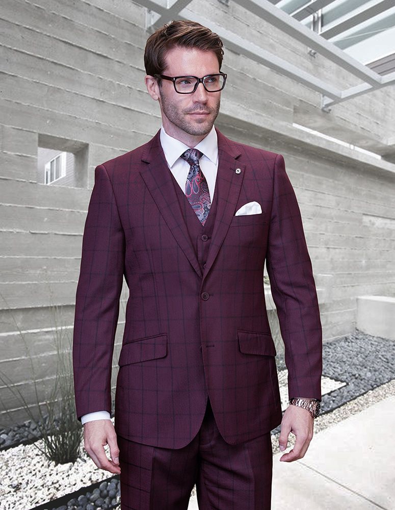 Statement Men’s 3-Piece 100% Wool Modern Fit Suit – Bold Accent Color Design