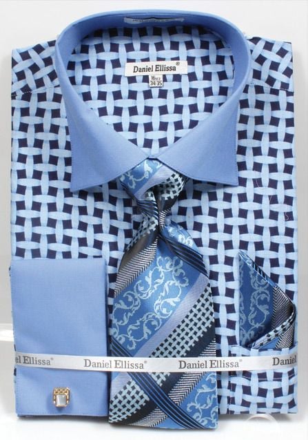 Men's DANIEL ELLISSA French Cuff Dress Shirt Blue Necktie Hanky Cufflinks Set