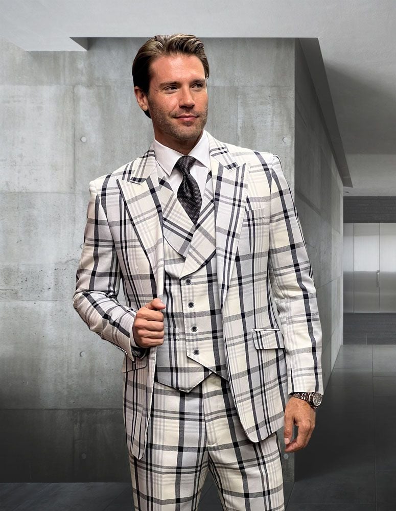 Statement Men's 3 Piece 100% Wool Plaid Fashion Suit - Cashmere Blend