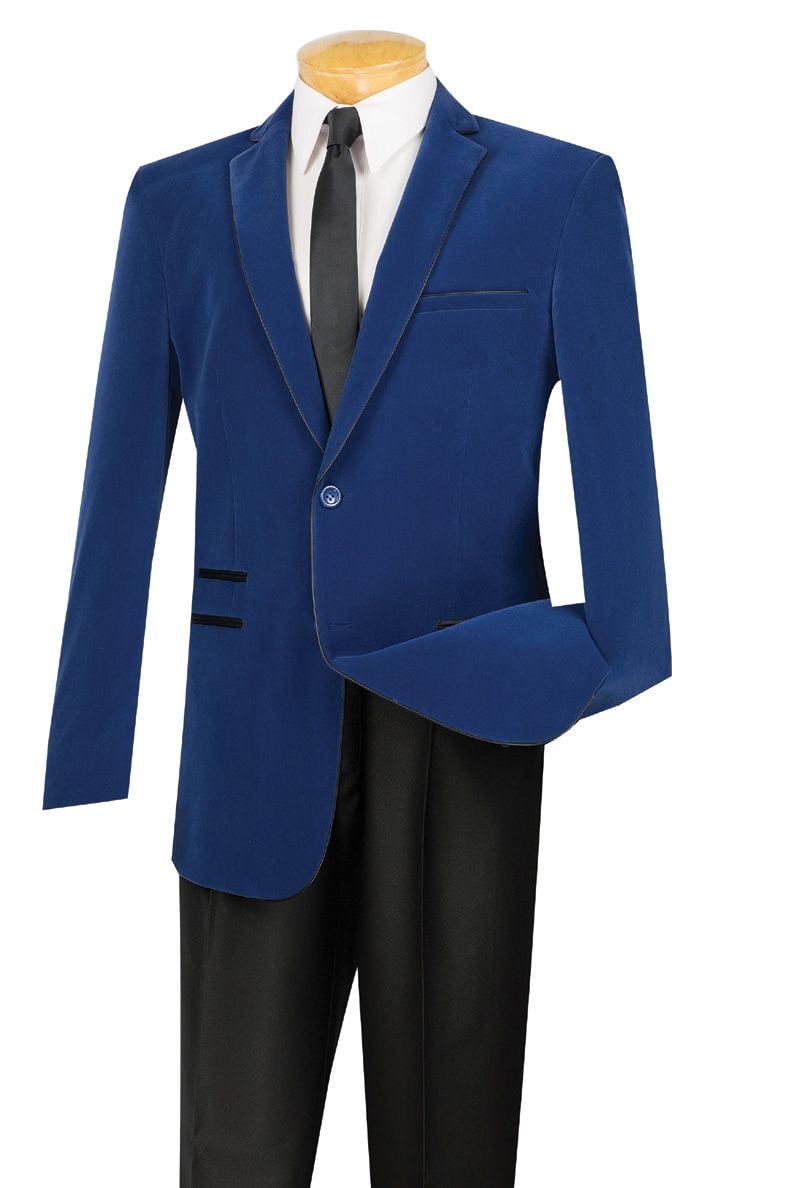 VINCI Men's Navy Blue Velvet 2 Button Slim Fit Blazer w/ Black Trim NEW