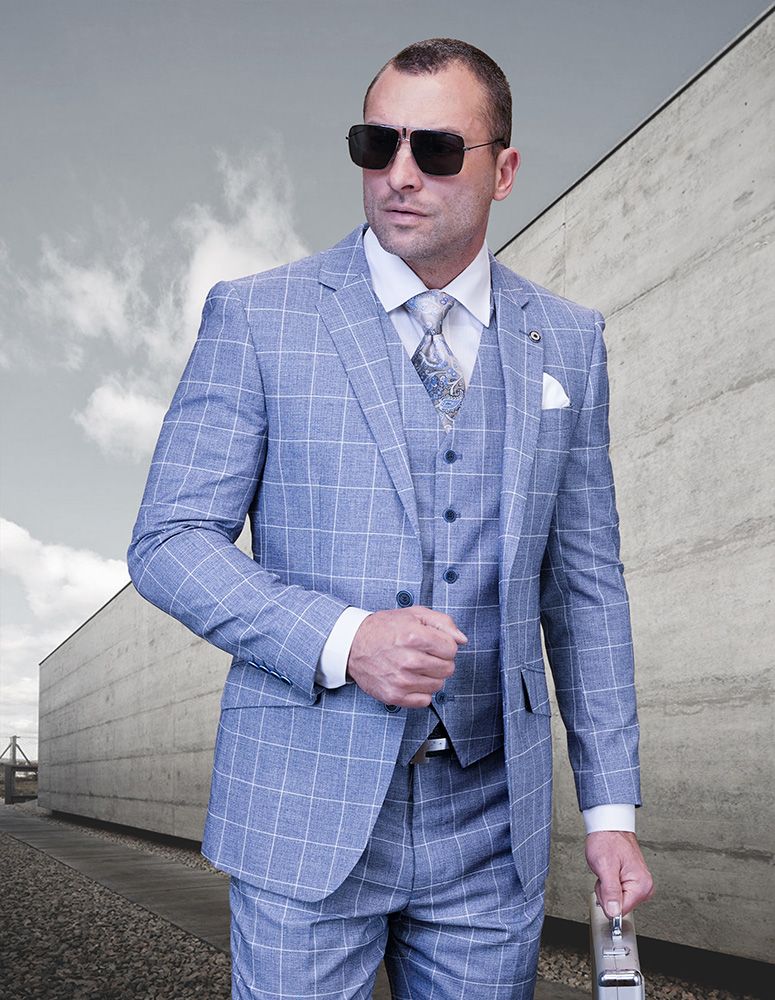 Blue Modern Fit Windowpane Peak Lapel 3 Piece Suit