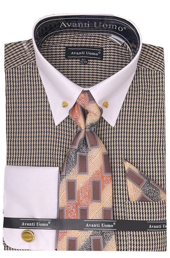 Avanti Uomo Men s French Cuff Dress Shirt Set Triple Tone Print