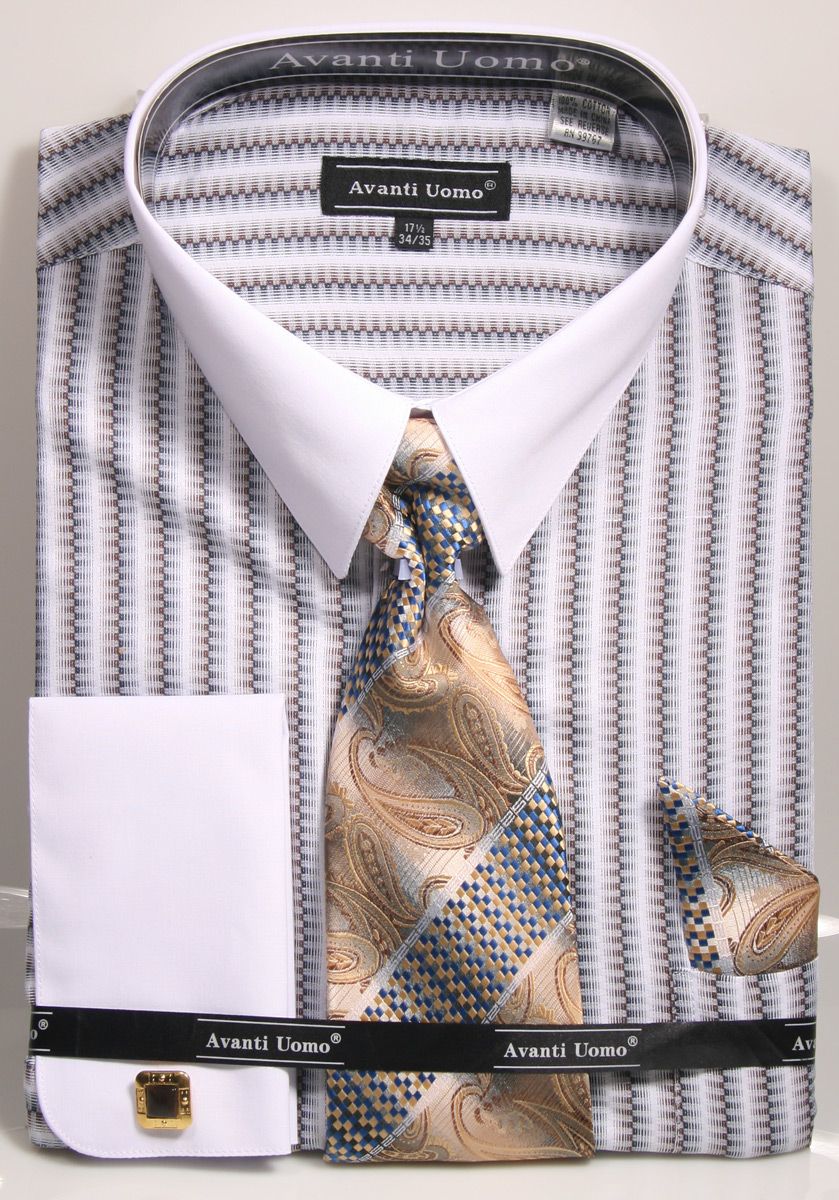 Avanti Uomo Men's Outlet100% Cotton French Cuff Shirt Set - Jacquard Stripe