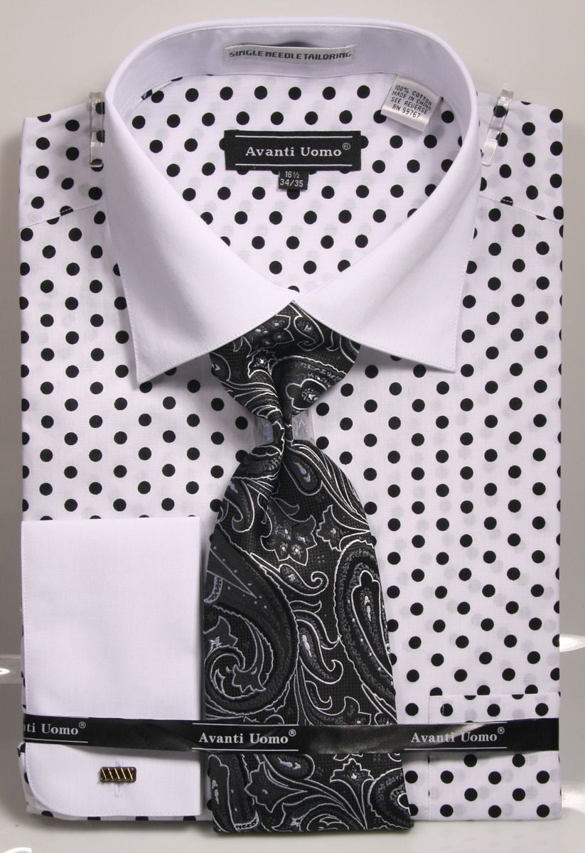 Daniel Ellissa Black/White Polka Dot Dress Shirt,Tie,Hanky Collar Bar DS3791P2