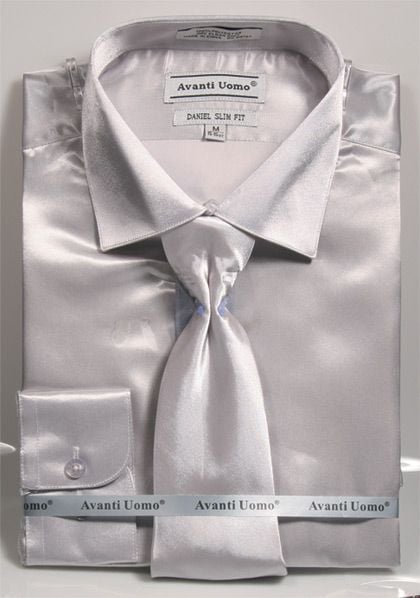 Daniel Ellissa Men's Outlet Satin Solid Dress Shirt Set - Slim Fit