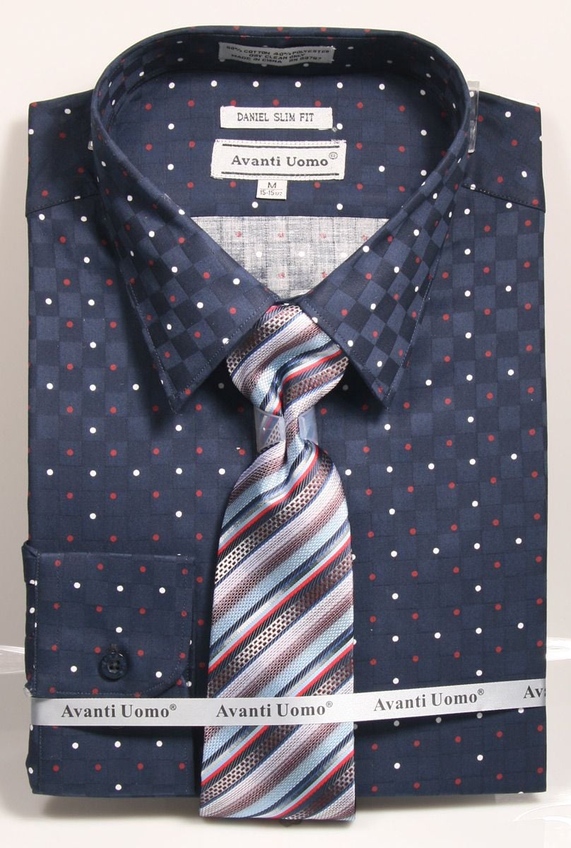 Avanti Uomo Men's Outlet 100% Cotton Slim Fit Dress Shirt Set - Dot Pattern
