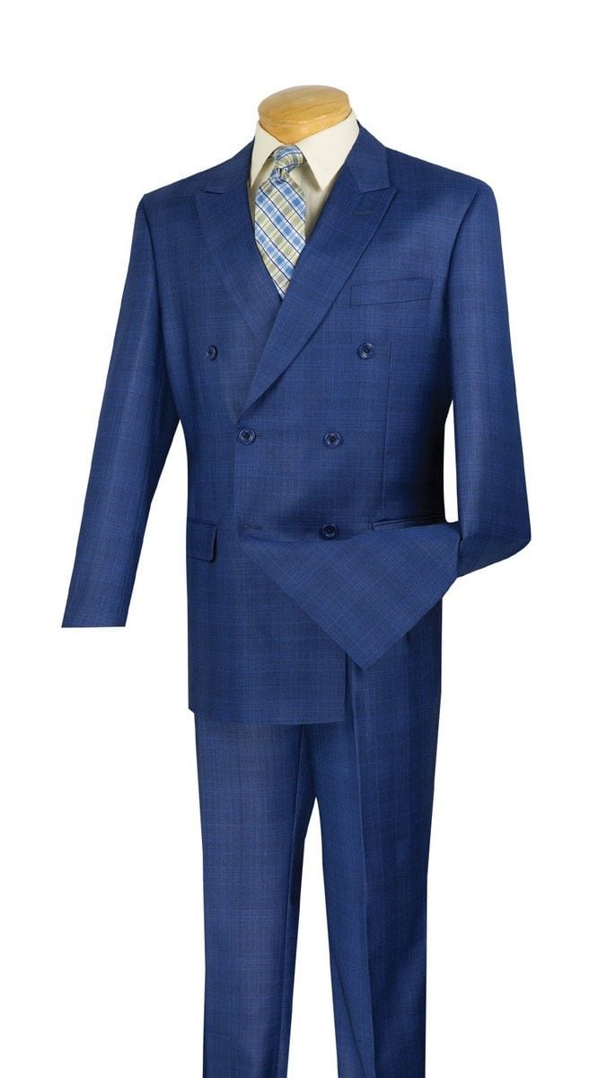 VINCI Men's Blue Glen Plaid 2 Button Classic Fit Suit w/ Peak Lapel NEW 