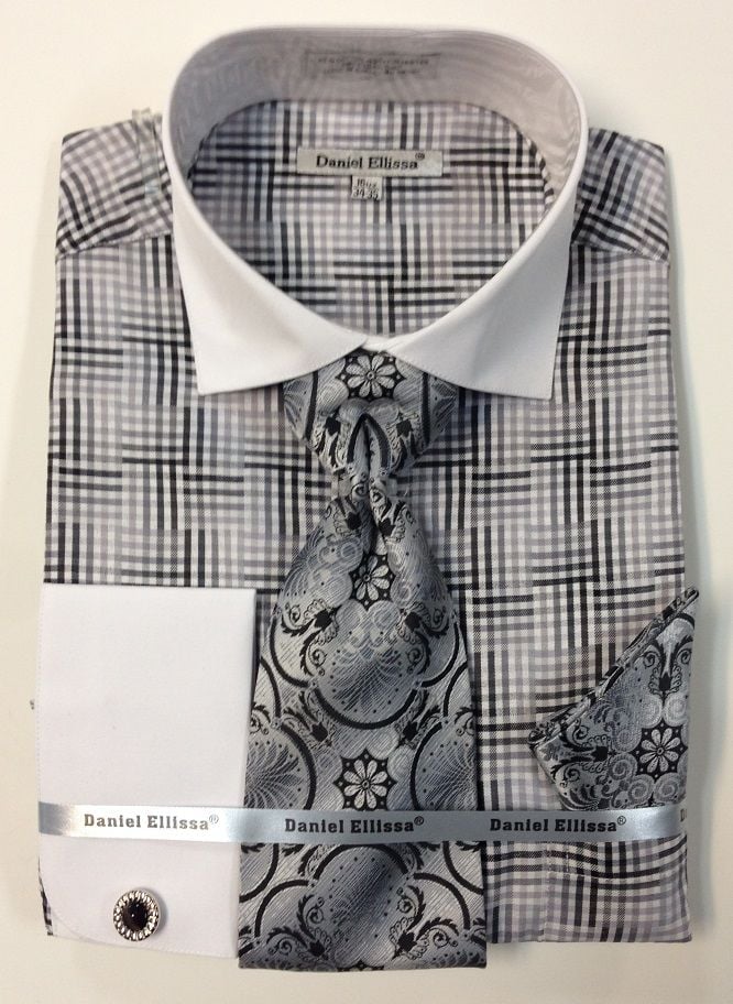 Daniel Ellissa Men's French Cuff Dress Shirt Set - Geometric Plaid