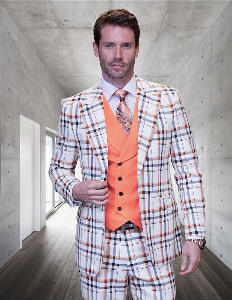 Statement Men's 100% Wool 3 Piece Suit - Plaid Color Contrast