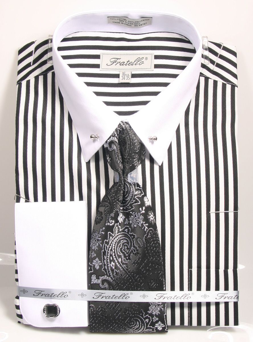 Fratello Men's 100% Cotton French Cuff Dress Shirt Set - Black/White