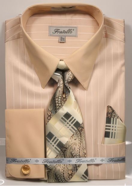 Fratello French Cuff Beige  - Herringbone Tweed Stripe Big and Tall Sizes 18 19 20 21 22 Inch Neck Men's Dress Shirt