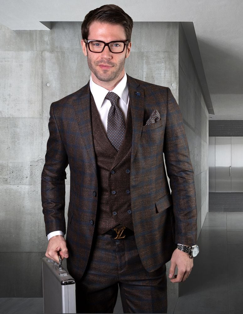 Statement Men's Outlet 3 Piece 100% Wool Suit - Textured Plaid