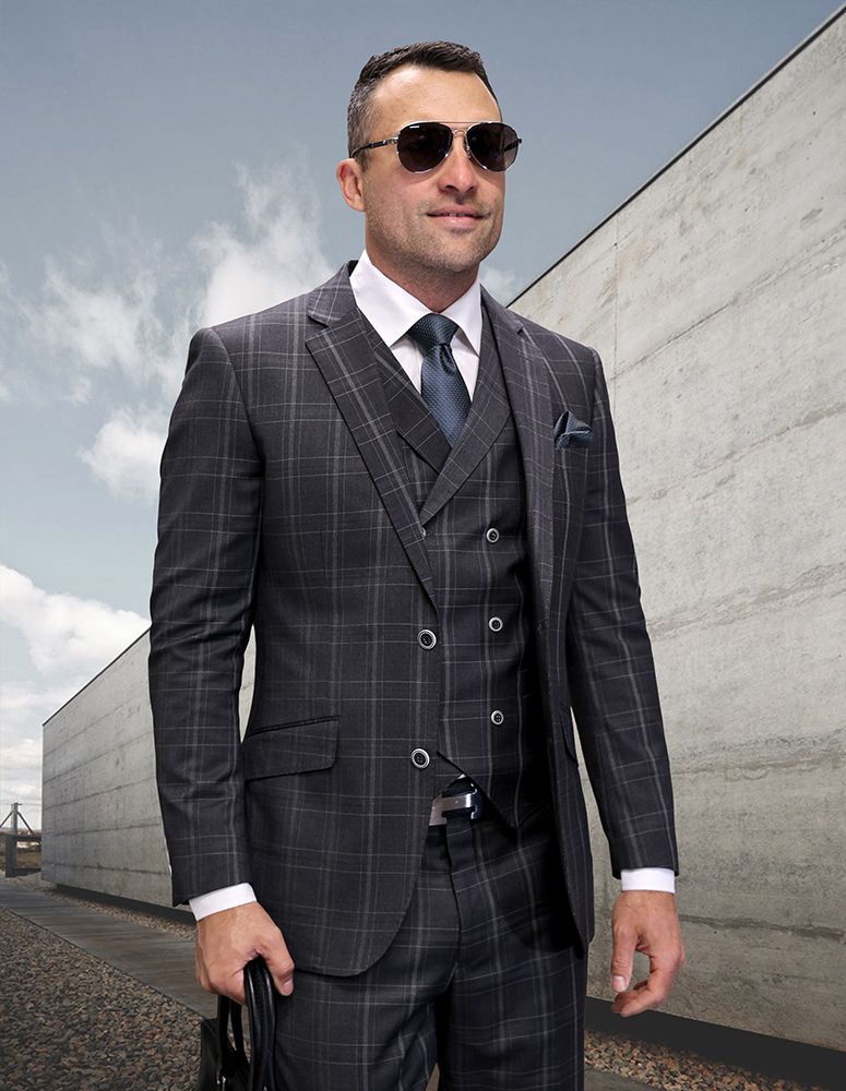 Statement Men's 3 Piece 100% Wool Wide Leg Suit- Solid Windowpane