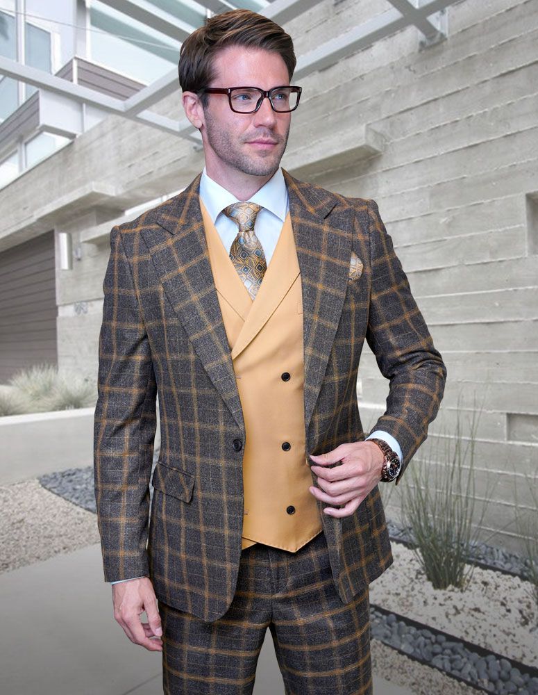 Statement Men's Outlet 100% Wool 3 Piece Suit - Wide Peak Lapel