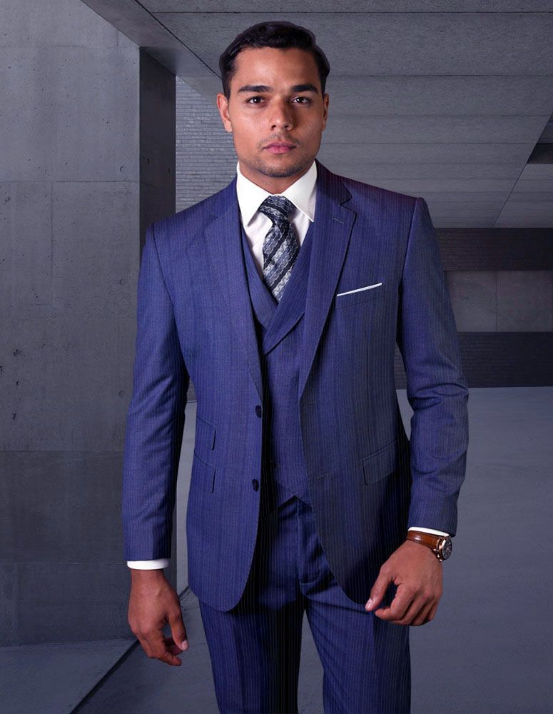 Statement Men's Outlet 100% Wool 3 Piece Suit -  Textured Stripes