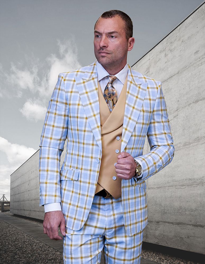 Statement Men's 100% Wool 3 Piece Suit -Electric Windowpane