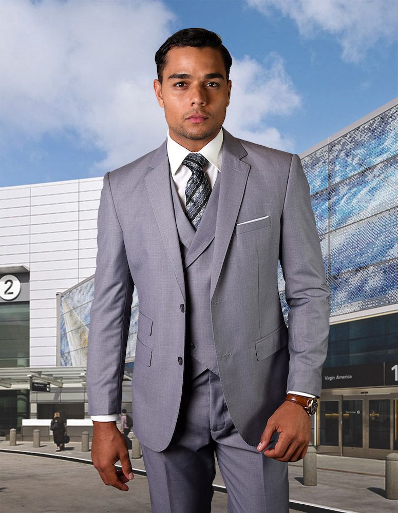 Statement Men's Modern Fit Single Breasted 3-Piece Wool Suit Set Colors 