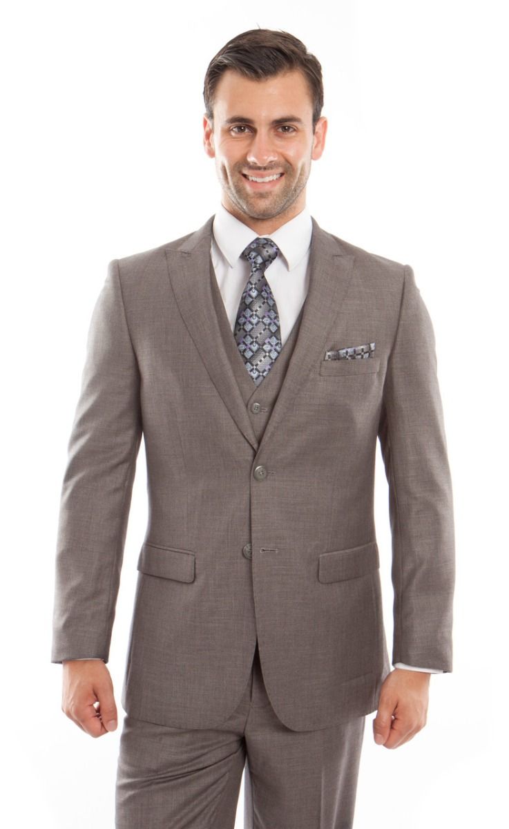 Tazio Men's 3 Piece Slim Fit Executive Suit - Pic Stitch Lapel