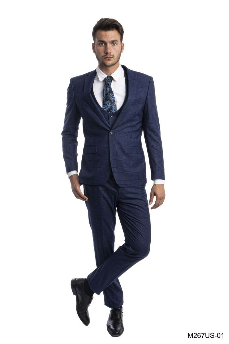 Tazio Men's Outlet 3 Piece Ultra Slim Fit Suit - Glen Check