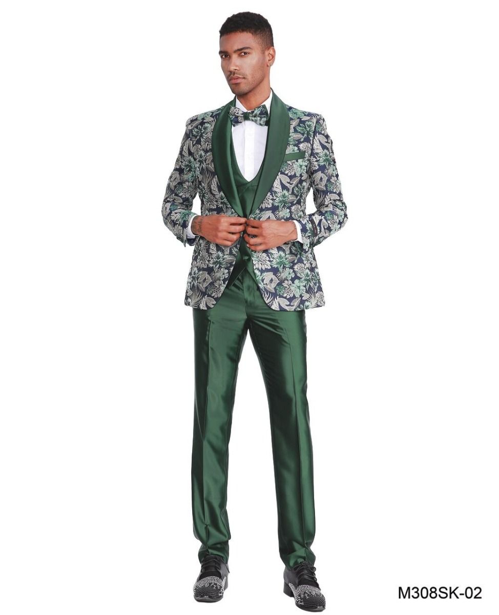Tazio Men's 4 Piece Skinny Fit Suit - Floral Accents