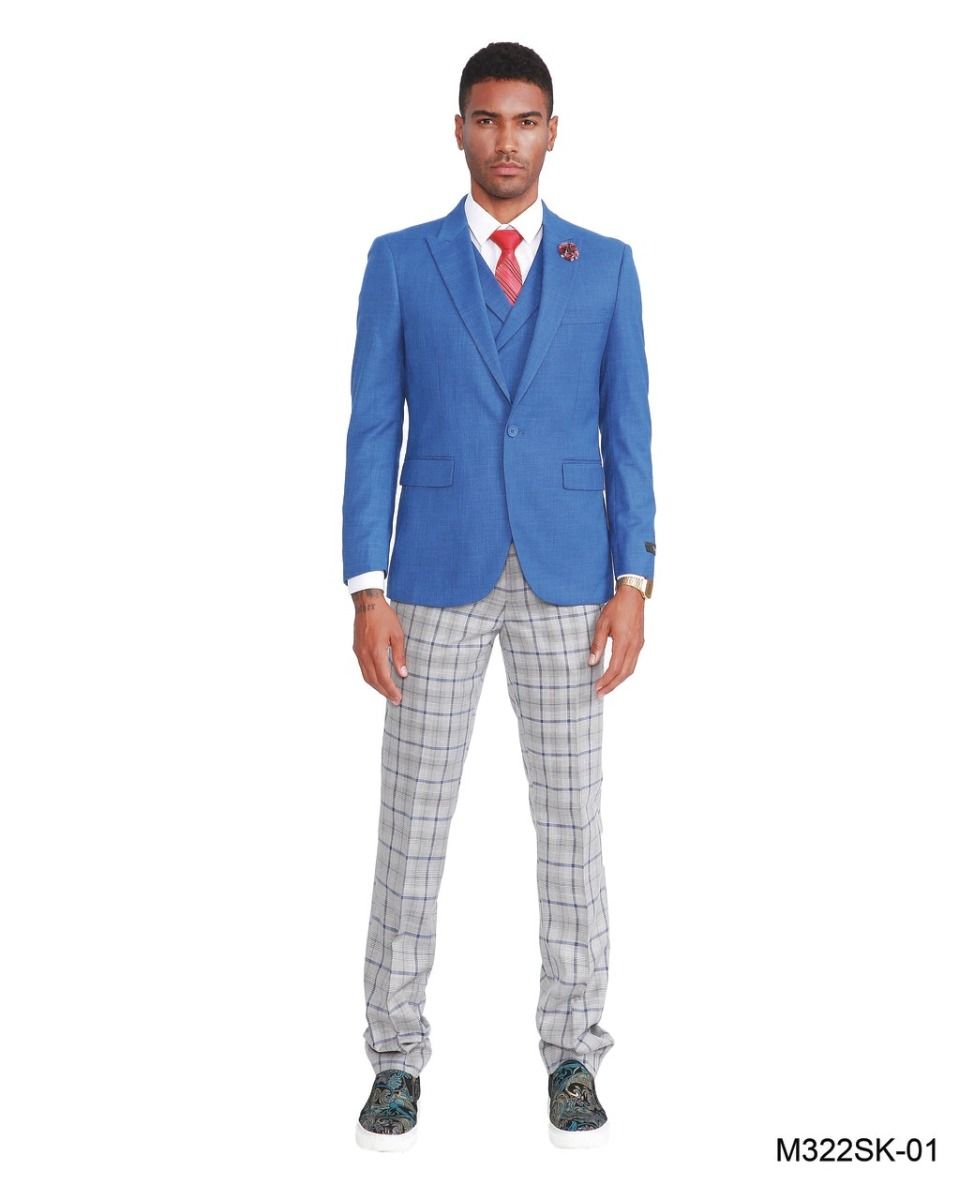 Tazio Men's 3 Piece Skinny Fit Suit - Plaid Pants