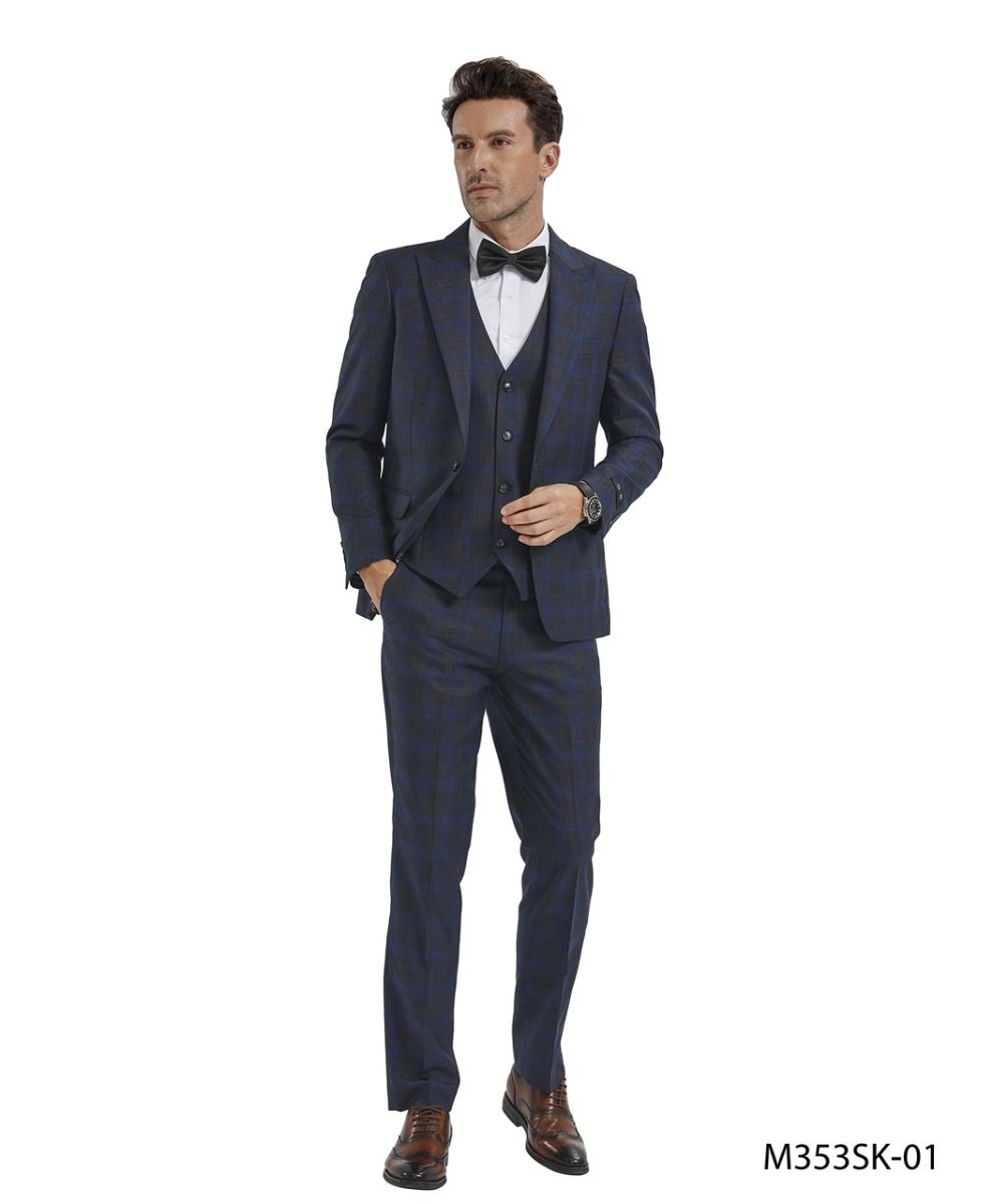 Tazio Men's 3 Piece Skinny Fit Suit - Bold Plaid