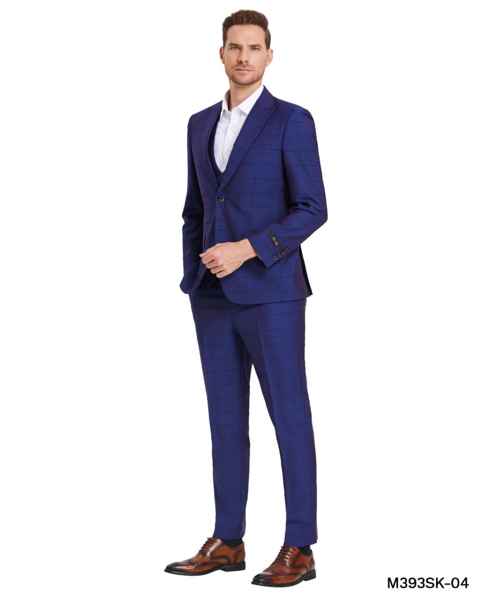 Tazio Men's 3 Piece Skinny Fit Suit - Tone on Tone Windowpane