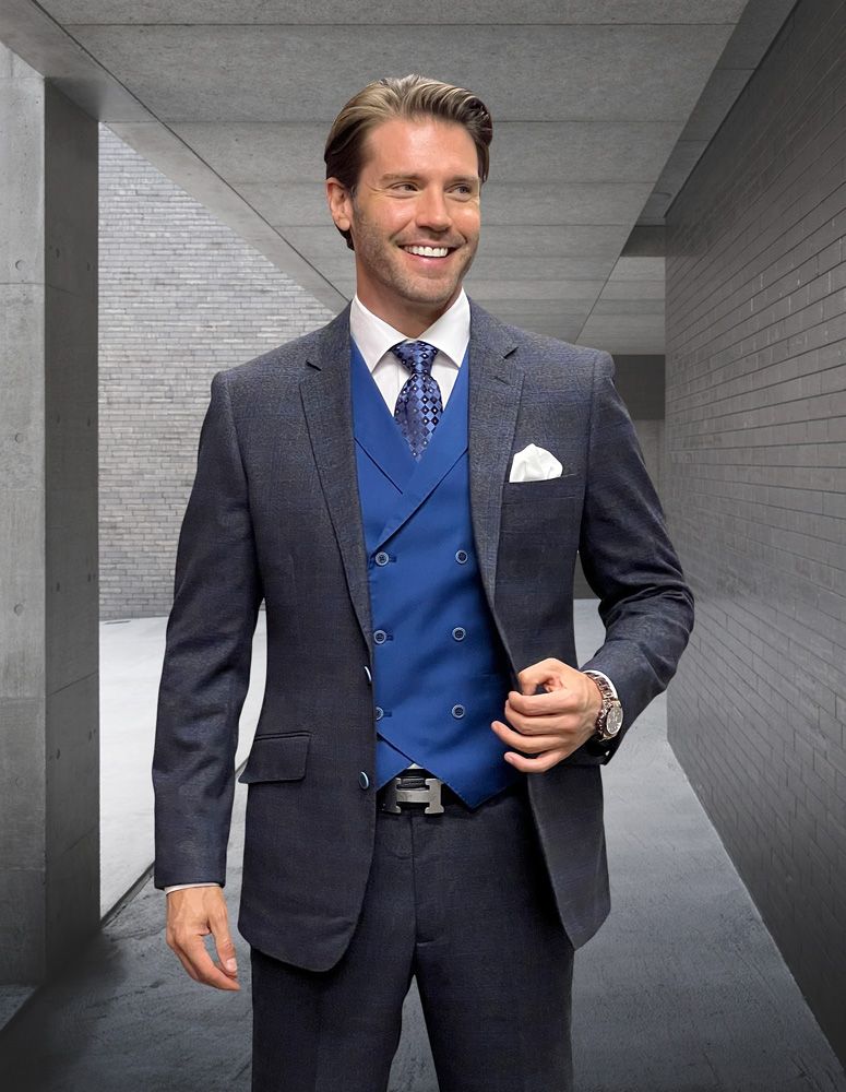 Statement Men’s 3-Piece 100% Wool Modern Fit Suit – Coordinating Solid Color Vest